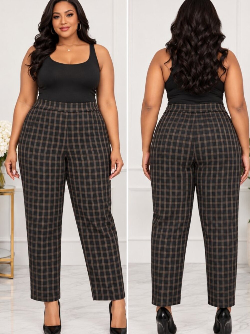 Rafaella Comfort Classic Style Plaid Straight leg Dress Pants Black Brown 20W